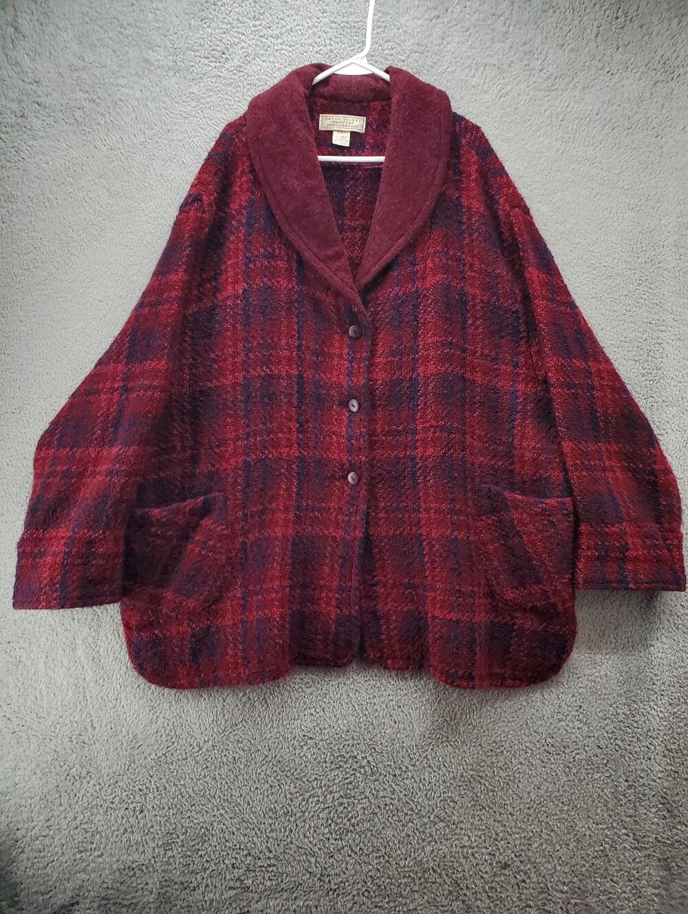 Vtg Boyne Valley Weavers Irish Plaid Jacket Womens 3X Shawl Collar Burgundy